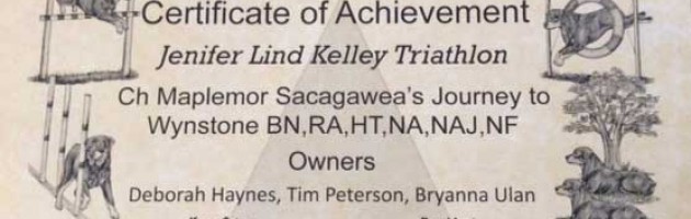 Takoda's Triathlon Certificate for the ARC 2015 National Specialty
